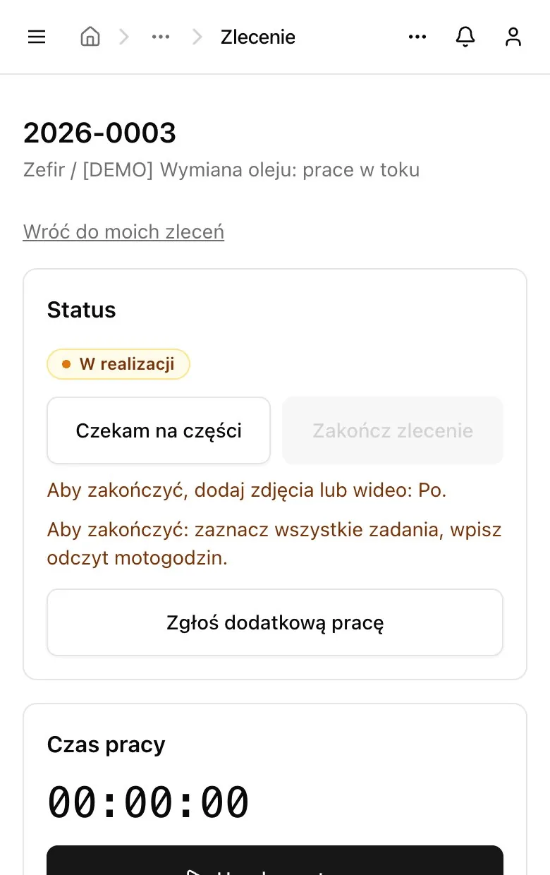 Aplikacja mechanika na telefonie: status zlecenia i stoper czasu pracy